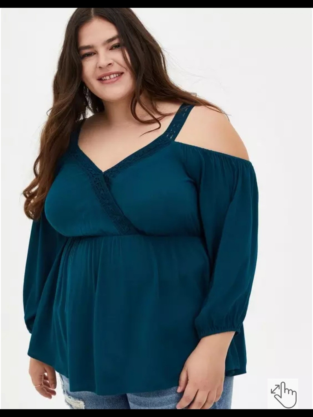 Torrid Teal Cold-Shoulder V-Neck Lace-Trim Top